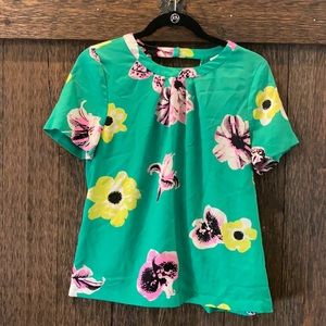J Crew Green top with pink and yellow flowers